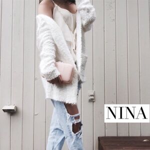 Nina Cream Fuzzy Open-Front Cardigan Sweater